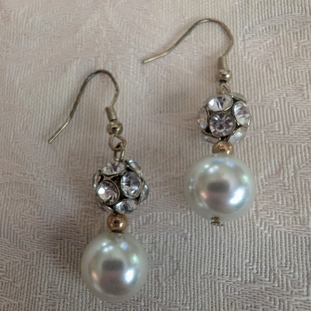 Vintage Dangle Faux Pearl And CZ Cluster Earrings Formal